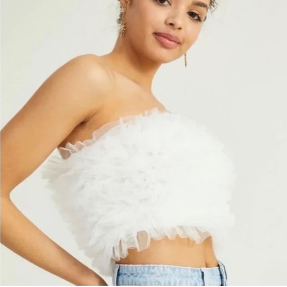 Altar'd State Giselle Tulle Tube Top White Strapless Crop Top Size Medium